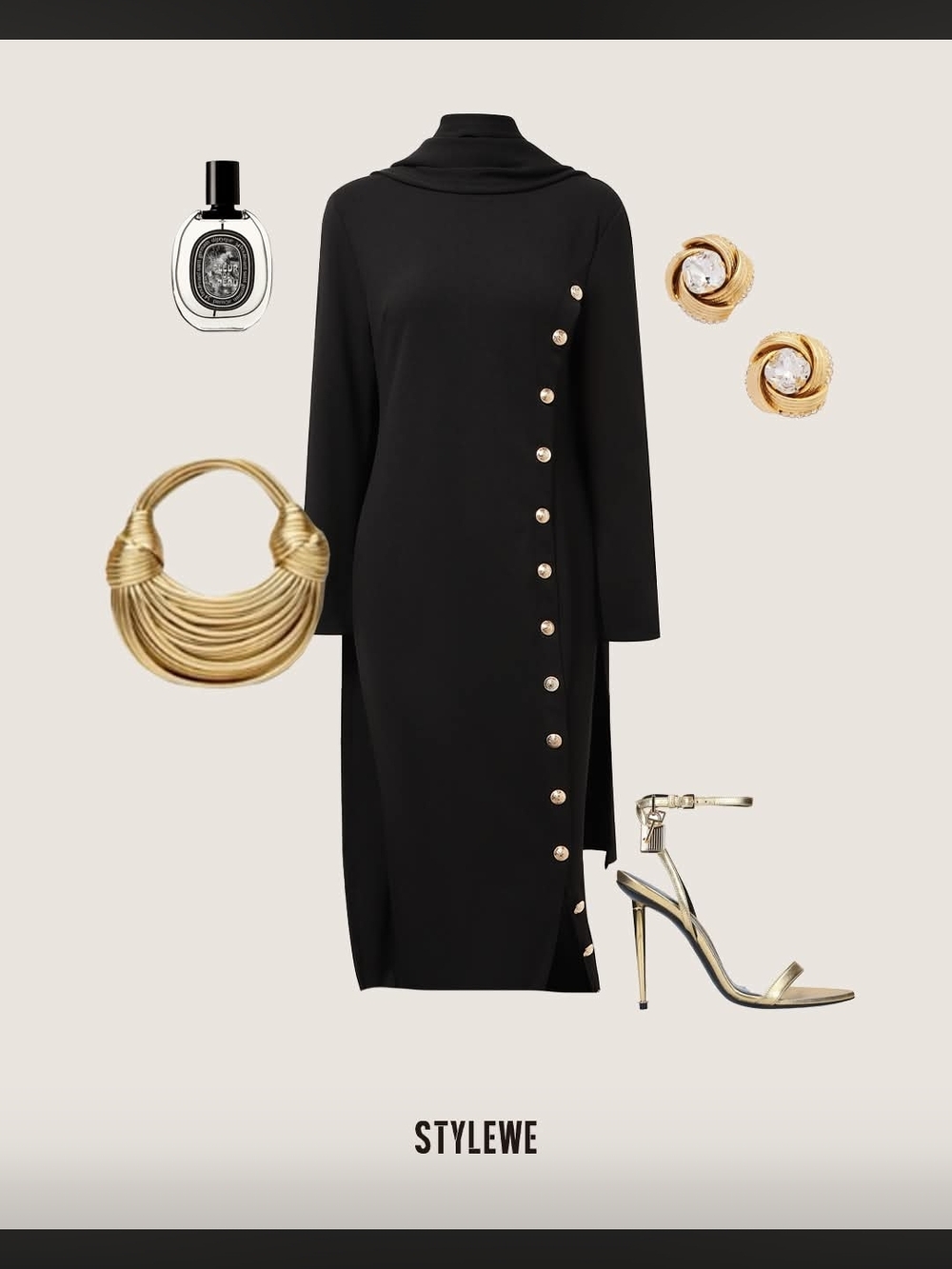 STYLEWE Minimalist Black Midi Dress Gold Button Detail Built In Shall/Scarf